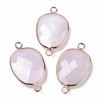Natural Rose Quartz Links Connectors, with Light Gold Plated Edge Brass Loops, Oval, Faceted, 30.5~31.5x17.5x5~6mm, Hole: 2mm