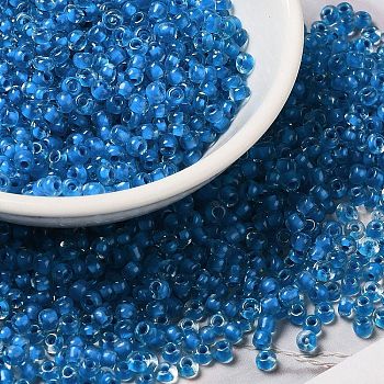6/0 Transparent Glass Seed Beads, Inside Colours, Round Hole, Round, Dodger Blue, 3.5~4x3mm, Hole: 2mm, about 450g/bag