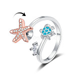 Turtle & Starfish Enamel Rotatable Cuff Rings for Women, Brass Cubic Zirconia Fidget Spinner Rings for Calming Worry Meditation, Platinum, Inner Diameter: 17mm(X-RJEW-M016-08P)