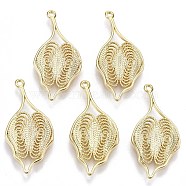 Brass Pendants, Nickel Free, Hollow, Leaf, Real 18K Gold Plated, 34x16x2.5mm, Hole: 1.6mm(KK-R112-081-NF)