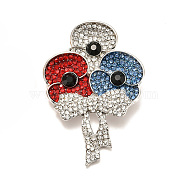 Alloy Brooches, with Rhinestone and Enamel, Remembrance Poppy Flower Badge, Platinum, 52.5x35.5x8.5mm(JEWB-B001-06P)