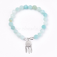 Natural Flower Amazonite Beads Charm Bracelets, with Brass Findings, Woven Net/Web with Feather, 2 inch(5.2cm), Pendant: 24x10.5x2mm(BJEW-O162-D10)