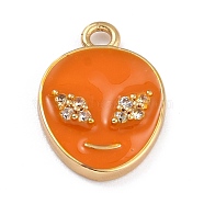 Golden Plated Brass Micro Pave Clear Cubic Zirconia Pendants, with Enamel, Long-Lasting Plated, Extra-terrestrial, Orange, 17x11.5x2mm, Hole: 1.6mm(ZIRC-L097-031F-G)