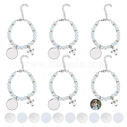 6Pcs 304 Stainless Steel Flat Round Sublimation Blank Tag Charm Bracelets with Glass Pearl Beaded, Cross Charm Bracelets for Women, White, 7-1/2 inch(19cm)(BJEW-CA0001-06)