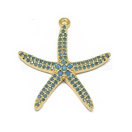 Alloy Micro Pave Cubic Zirconia Pendants, Long-Lasting Plated, Starfish/Sea Stars, Deep Sky Blue, Golden, 26x24x4mm, Hole: 1.2mm(PALLOY-F249-15A-G)