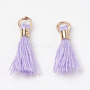 Polycotton(Polyester Cotton) Tassel Pendant Decorations, Mini Tassel, with Brass Findings, Light Gold, Lilac, 10~15x3~4mm, Hole: 2mm(FIND-S275-28G)