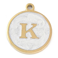 Ion Plating(IP) 201 Stainless Steel Pendants, with White Enamel, Real 18K Gold Plated, Flat Round with Letter, Letter K, 18.5x15.5x2mm, Hole: 1.6mm(STAS-K288-02G-K)