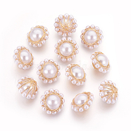 Acrylic Imitation Pearl Beads, No Hole Beads, with Brass Findings, Long-Lasting Plated, Nickel Free, Flower, White, 16x11mm(KK-F782-12G-NF)