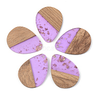 Transparent Resin & Walnut Wood Pendants, with Gold Foil, Teardrop, Lilac, 35.5x26x3mm, Hole: 2mm(RESI-S389-010A-B01)