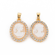 Brass Lilac Cubic Zirconia Pendants, with Cameo Resin, Nickel Free, Oval, PeachPuff, 20x14x4mm, Hole: 4x2.5mm(KK-N233-121E-NF)