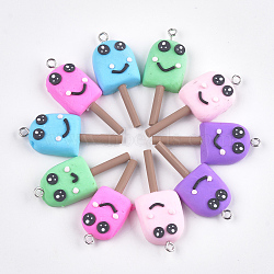 Handmade Polymer Clay Pendants, with Iron Loops, Ice Cream with Smile, Platinum, Mixed Color, 39~45x16~18x6~8mm, Hole: 2mm(CLAY-T015-05)