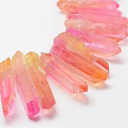 Electroplate Natural Quartz Crystal Beads Strands, Dyed, Faceted, Nuggets, Orange Red, 23~47x8.5~9.5x8~10mm, Hole: 2mm, 15.7 inch(40cm)(G-F462-01B)