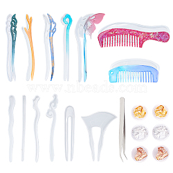 DIY Hairpin & Comb Silicone Molds Kits, Resin Casting Molds, with UV Gel Nail Art Tinfoil and 304 Stainless Steel Beading Tweezers, Mixed Color(DIY-PH0004-15)
