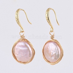 Natural Baroque Pearl Keshi Pearl Dangle Earrings, with Brass Earring Hooks, Copper Wire and Cardboard Packing Box, Golden, 35mm, Pin: 0.7mm(X-EJEW-JE03878)