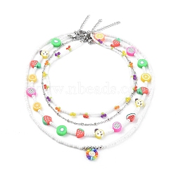 Beaded Necklaces & 304 Stainless Steel Satellite Chain Necklace Sets, with Glass Seed Beads and Polymer Clay Beads, Mixed Color, 13.77 inch(35cm)~19.29 inch(49cm), 4pcs/set(NJEW-JN03459)