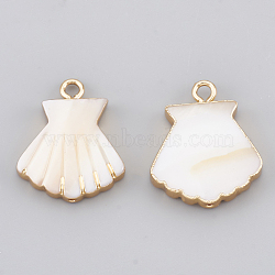 Electroplate Freshwater Shell Pendants, with Iron Findings, with Half Drilled, Shell, Golden, Seashell Color, 18x15x3mm, Hole: 1~1.5mm(SHEL-S274-34)