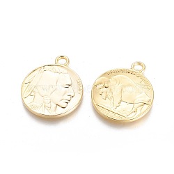 Tibetan Style Alloy Coin Pendants, Flat Round with Indian Head and Buffalo, Cadmium Free & Lead Free, Golden, 40x33x3mm, Hole: 4mm(TIBEP-GC001-G-RS)