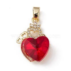 Real 18K Gold Plated Rack Plating Brass Micro Pave Clear Cubic Zirconia Pendants, with Glass, Long-Lasting Plated, Cadmium Free & Lead Free, Heart Charm, Red, 24x16x8mm, Hole: 5mm(KK-C015-30G-05)