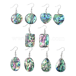 Abalone Shell/Paua Shell Dangle Earrings, with Brass Ice Pick Pinch Bails and Earring Hooks, Mixed Shape, Platinum, 47~56mm, Pin: 0.7mm(EJEW-K081-02)
