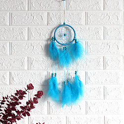 Polyester Woven Web/Net with Feather Wind Chime Pendant Decorations, with ABS Ring, Wood Bead, for Garden, Wedding, Lighting Ornament, Deep Sky Blue, 110mm(PW22111462230)