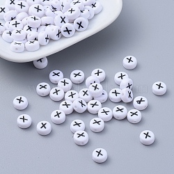 Flat Round with Letter X Acrylic Beads, with Horizontal Hole, White & Black, Size: about 7mm in diameter, 4mm thick, hole: 1mm(X-PL37C9070-X)