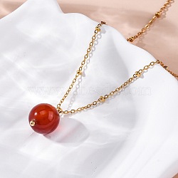 Natural Carnelian(Dyed & Heated) Round Pendant Necklaces, 304 Stainless Steel Satellite Chain Necklaces, Ion Plating(IP), Real 14K Gold Plated, 17.05 inch(43.3cm)(NJEW-U026-20G)