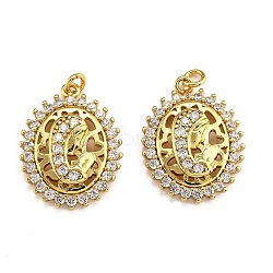 Brass Micro Pave Clear Cubic Zirconia Pendants, Long-Lasting Plated, Oval, Real 18K Gold Plated, 21.5x16x3.5mm, Hole: 1.3mm, jump ring: 3x0.85mm(ZIRC-J025-21G)