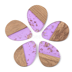 Transparent Resin & Walnut Wood Pendants, with Gold Foil, Teardrop, Lilac, 35.5x26x3mm, Hole: 2mm(RESI-S389-010A-B01)