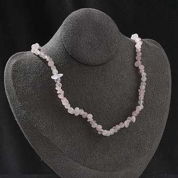 Natural Rose Quartz Chip Beaded Necklaces for Men Women, with Alloy Lobster Claw Clasps and Iron Chain Extender, Silver, 15.87~16.14 inch(40.3~41cm)