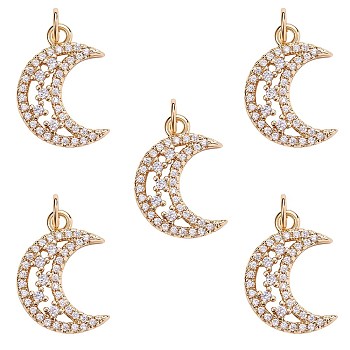 Brass Micro Pave Clear Cubic Zirconia Pendants, Long-Lasting Plated, Moon, Real 18K Gold Plated, 18.24x12.38x3.19mm, Hole: 3mm