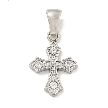 304 Stainless Steel Cubic Zirconia Pendants, Cross Charm, Stainless Steel Color, 18x13x2mm, Hole: 6x3mm