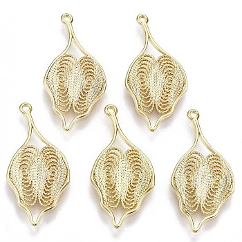 Brass Pendants, Nickel Free, Hollow, Leaf, Real 18K Gold Plated, 34x16x2.5mm, Hole: 1.6mm