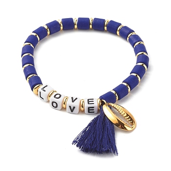 Word Love Beads Stretch Bracelet for Girl Women, Cowrie Shell Shape & Tassel Charm Bracelet, Golden, Midnight Blue, Inner Diameter: 2-1/8 inch(5.5cm)