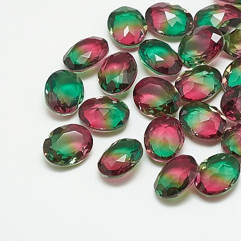Pointed Back Glass Rhinestone Cabochons, Imitation Tourmaline, Faceted, Oval, Emerald, 8x6x4mm