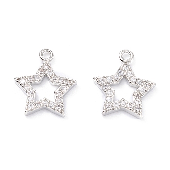Rack Plating Brass Micro Pave Cubic Zirconia Charms, Long-Lasting Plated, Star, Platinum, 13.5x12x2mm, Hole: 1.2mm