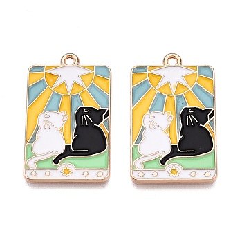 Tarot Card Theme Alloy Enamel Pendants, Lead Free & Cadmium Free, Golden, Cat Pattern, Rectangle, 30x18x1mm, Hole: 1.6mm