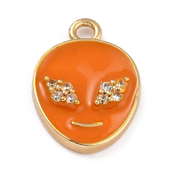 Golden Plated Brass Micro Pave Clear Cubic Zirconia Pendants, with Enamel, Long-Lasting Plated, Extra-terrestrial, Orange, 17x11.5x2mm, Hole: 1.6mm