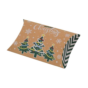 Christmas Theme Cardboard Candy Pillow Boxes, Cartoon Christmas Tree Candy Snack Gift Box, Green, Fold: 7.3x11.9x2.6cm