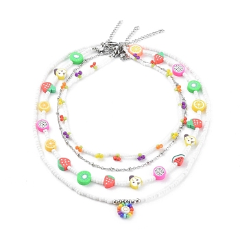 Beaded Necklaces & 304 Stainless Steel Satellite Chain Necklace Sets, with Glass Seed Beads and Polymer Clay Beads, Mixed Color, 13.77 inch(35cm)~19.29 inch(49cm), 4pcs/set