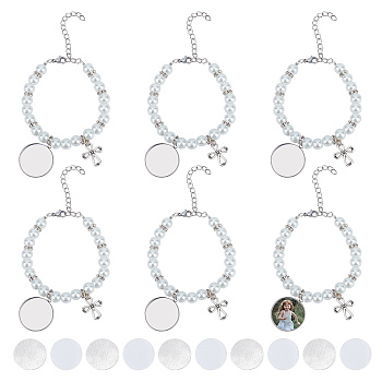 6Pcs 304 Stainless Steel Flat Round Sublimation Blank Tag Charm Bracelets with Glass Pearl Beaded, Cross Charm Bracelets for Women, White, 7-1/2 inch(19cm)
