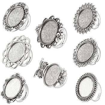 16Pcs 8 Style Adjustable Alloy Finger Rings Components, Bezel Cup Ring Settings, Flower & Owl & Flat Round, Antique Silver, Inner Diameter: 17~17.3mm, Tray: 20mm, 2Pcs/style