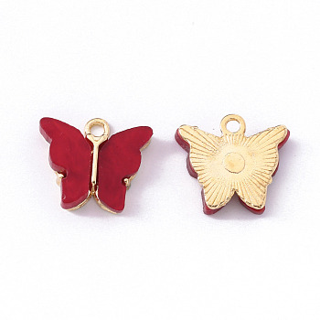 Alloy Acrylic Pendants, Butterfly, Light Gold, FireBrick, 14x16.5x3mm, Hole: 1.6mm