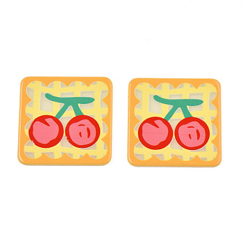 Transparent Printed Acrylic Cabochons, Square with Cherry, Yellow, 33.5x33.5x2mm
