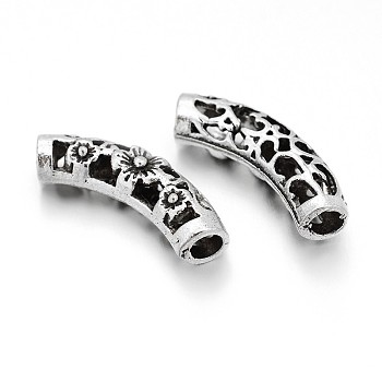 Hollow Tibetan Style Alloy Curved Tube Beads, Curved Tube Noodle Beads, Antique Silver, 22x6x5mm, Hole: 3mm