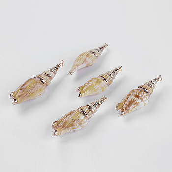 Natural Spiral Shell Big Pendants, with Brass Findings, 57.5~70.5x16~25x15.5~18mm, Hole: 3~3.5mm