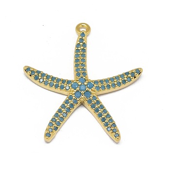 Alloy Micro Pave Cubic Zirconia Pendants, Long-Lasting Plated, Starfish/Sea Stars, Deep Sky Blue, Golden, 26x24x4mm, Hole: 1.2mm