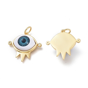 Brass Micro Pave Clear Cubic Zirconia Pendants, with Glass & Jump Rings, Evil Eye, Real 18K Gold Plated, 21.5x22x7mm, Jump Ring: 6x0.7mm, Hole: 4.5mm