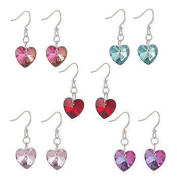 Electroplated Glass Heart Pendant Dangle Earrings, Brass French Hook Earring for Women, Mixed Color, 36mm, Pin: 0.7mm