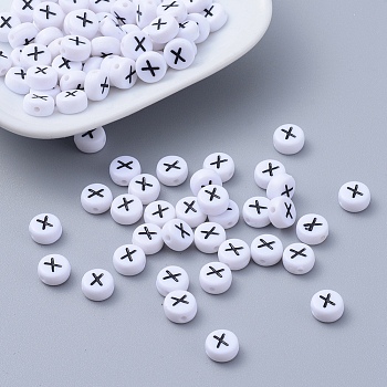 Flat Round with Letter X Acrylic Beads, with Horizontal Hole, White & Black, Size: about 7mm in diameter, 4mm thick, hole: 1mm