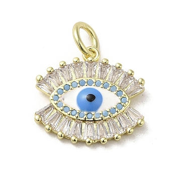 Brass Micro Pave Cubic Zirconia Pendants, with Glass and Enamel, with Jump Ring, Real 18K Gold Plated, Eye, Clear, 16x17x3mm, Hole: 4mm